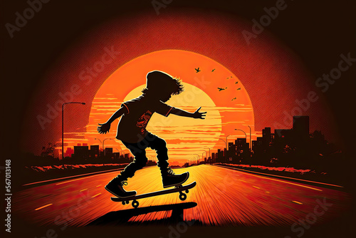 Generative AI Illustration of a boy jumping with his skateboard through the streets of a city at sunset. Artwork
