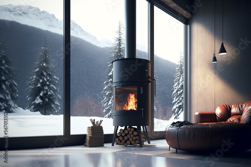 Salon moderne avec un poêle à bois en train de fonctionner pendant l'hiver - Illustration IA 