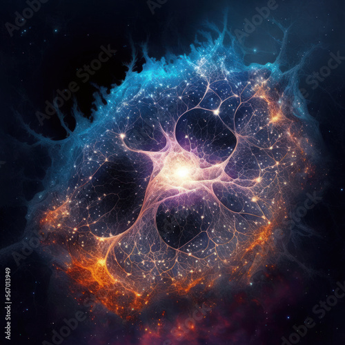 Sentient nebula that looks like a neural network, its shapes and patterns hinting at a hidden intelligence.  Generative AI illustration