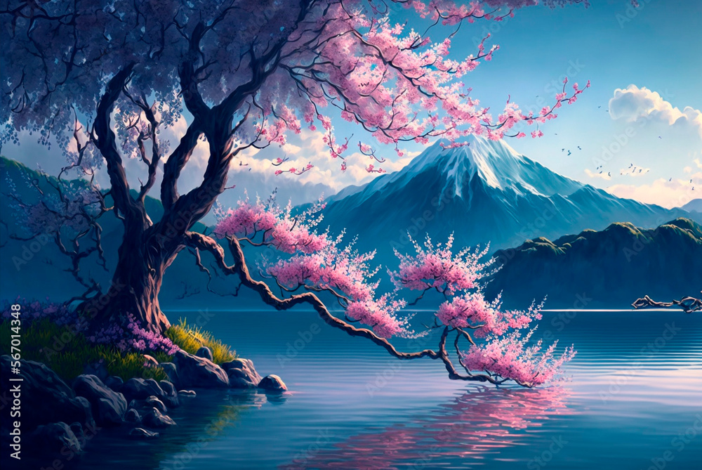 Beautiful cherry blossom over lake and mountain generative AI