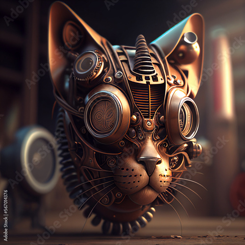 A robotic cat head is made from different mechanical parts. steampunk style. Generative Ai. photo