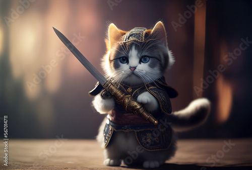 A hybrid samurai cat plays with a sword against a blurred background. Generative Ai.
 photo