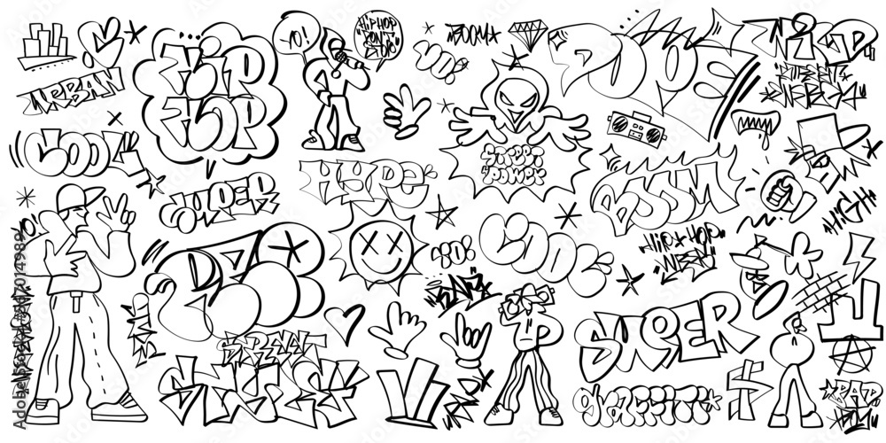 rap music, hip hop culture doodles,  vector lettering design element