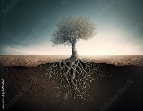 Dried tree with batre branches, in center of wasteland with roots going into soil, ecology concept. Generative AI illustration