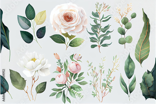 Set of peony and eucalyptus flower leaves plant drawings, botanical pattern on white background. Festive wedding concept. soft vintage colors. Generative AI