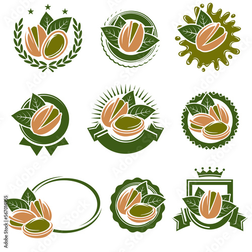 Pistachio nuts label and icon set. Collection pistachio nuts icons. Vector