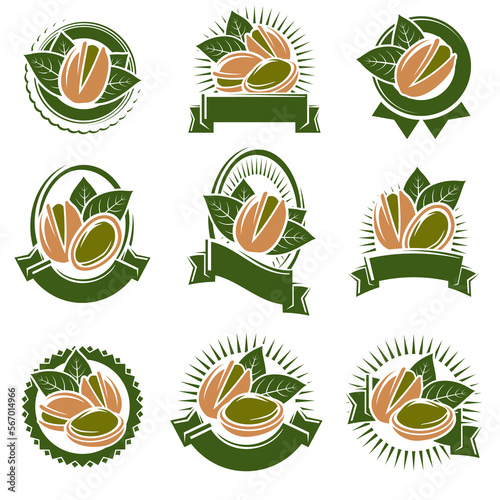 Pistachio nuts label and icon set. Collection pistachio nuts icons. Vector