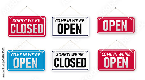 Set of bussiness hanging signboard, we're open and closed. Closed and open. Red sign Sorry we are closed for holidays, with shadow isolated on red background. Vector