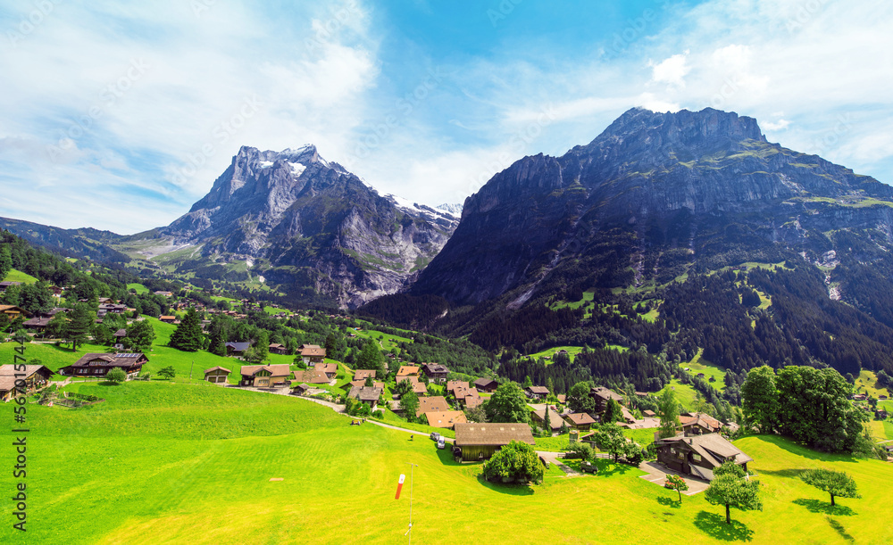 Fantastic scenery from a height on Grindelwald valley in Swiss Alps near Eiger, Switzerland, Europe.