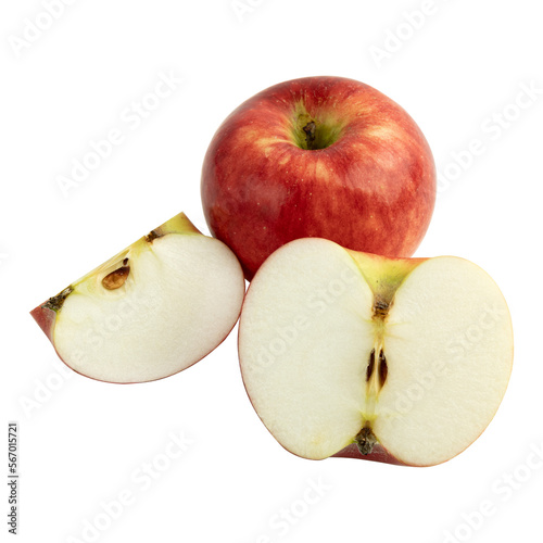 red apple isolated, whole apple and slices on white background, concept organic fruits