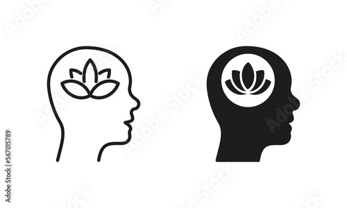 Lotus in Human Brain Wellbeing Concept Silhouette and Line Icon Set. Peace, Mental Healthy Wellness Pictogram. Meditation Yoga Symbol. Nature Flower. Editable Stroke. Isolated Vector Illustration