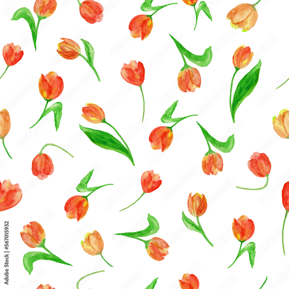 Watercolor seamless pattern with   tulips. Spring illustration hand drawn. Design with red flowers for packaging, wrapping paper.