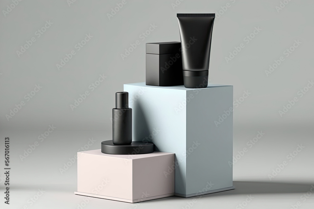3D display podium, charcoal gray background, beauty products 3D display podium, charcoal gray background, beauty products