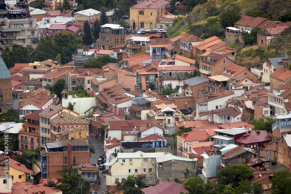 Views of Tbilisi, Georgia. Top view of the roofs of houses.