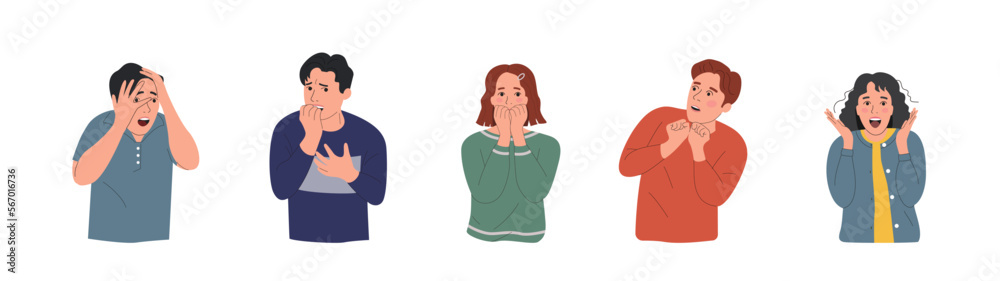 Different young women and men experiences fear, fright, stress. Flat style cartoon vector illustration. Different young women and men experiences fear, fright, stress. Flat style cartoon vector illustration.