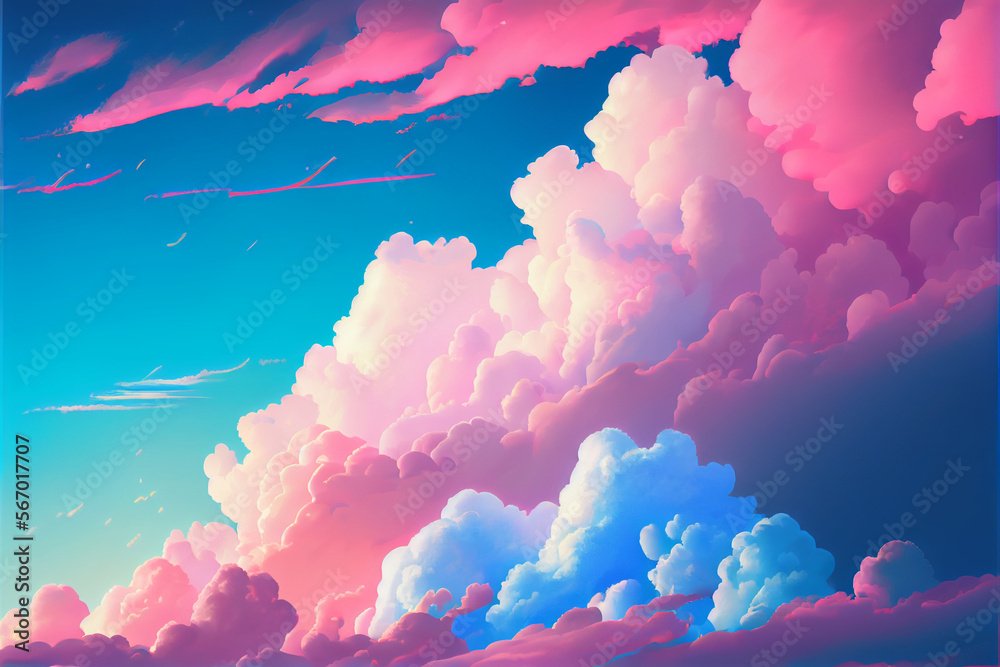 Large clouds of pink and blue in the sky, sunset colors, dreams and fantasies, pastel delicate colors. Conceptual art. Generative AI