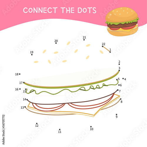Educational game for kids. Dot to dot game for children. Vector illustration of cartoon hamburger.
