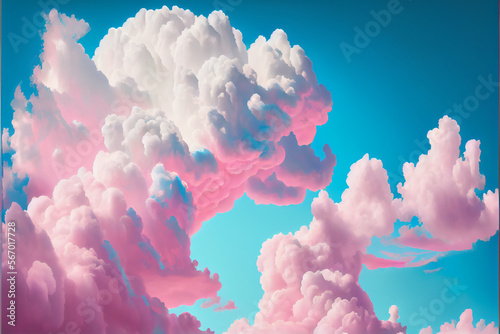 Large clouds of pink and blue in the sky, sunset colors, dreams and fantasies, pastel delicate colors. Generative AI