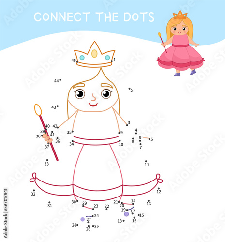 Educational game for kids. Dot to dot game for children. Vector illustration of cartoon cute queen.
