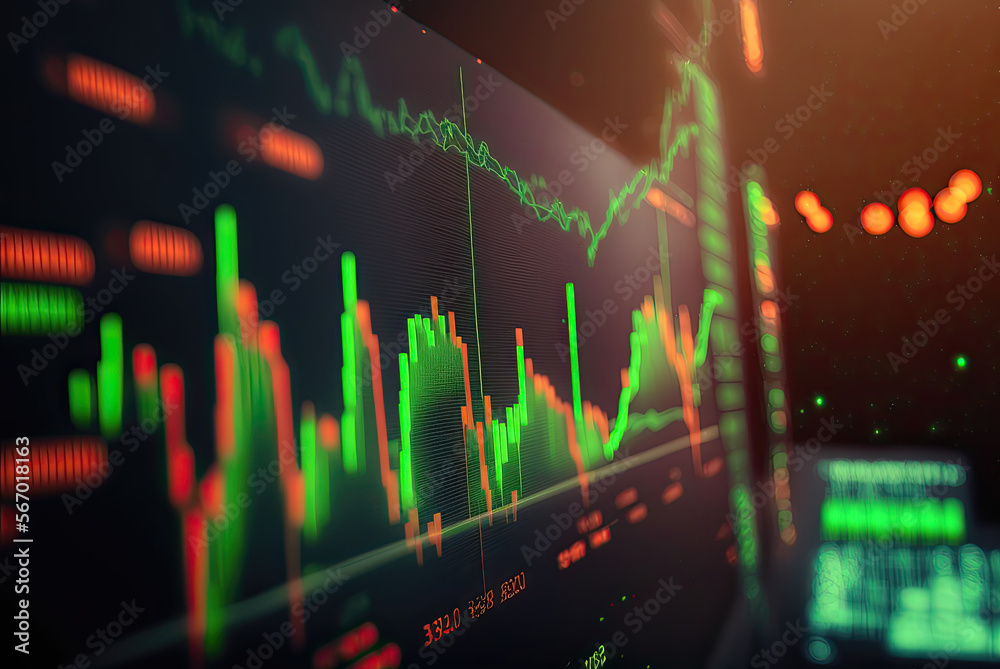 Candle stick graph and bar chart of stock market investment. Finance and economy concept. Generative AI Candle stick graph and bar chart of stock market investment. Finance and economy concept. Generative AI