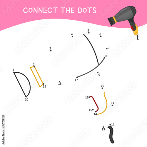 Educational game for kids. Dot to dot game for children. Vector illustration of a hair dryer.