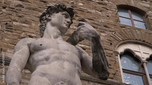 Video della Statua del David di Michelangelo in  piazza della Signoria a Firenze ripreso dal basso con movimento di camera su gimbal