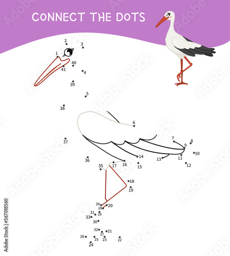 Educational game for kids. Dot to dot game for children. Vector illustration of a cute stork
