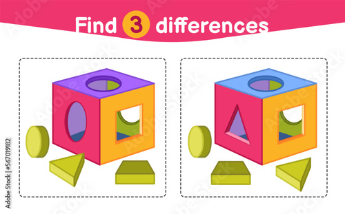 Find differences.  Educational game for children. Cartoon vector illustration of sorter with geometric shapes.
