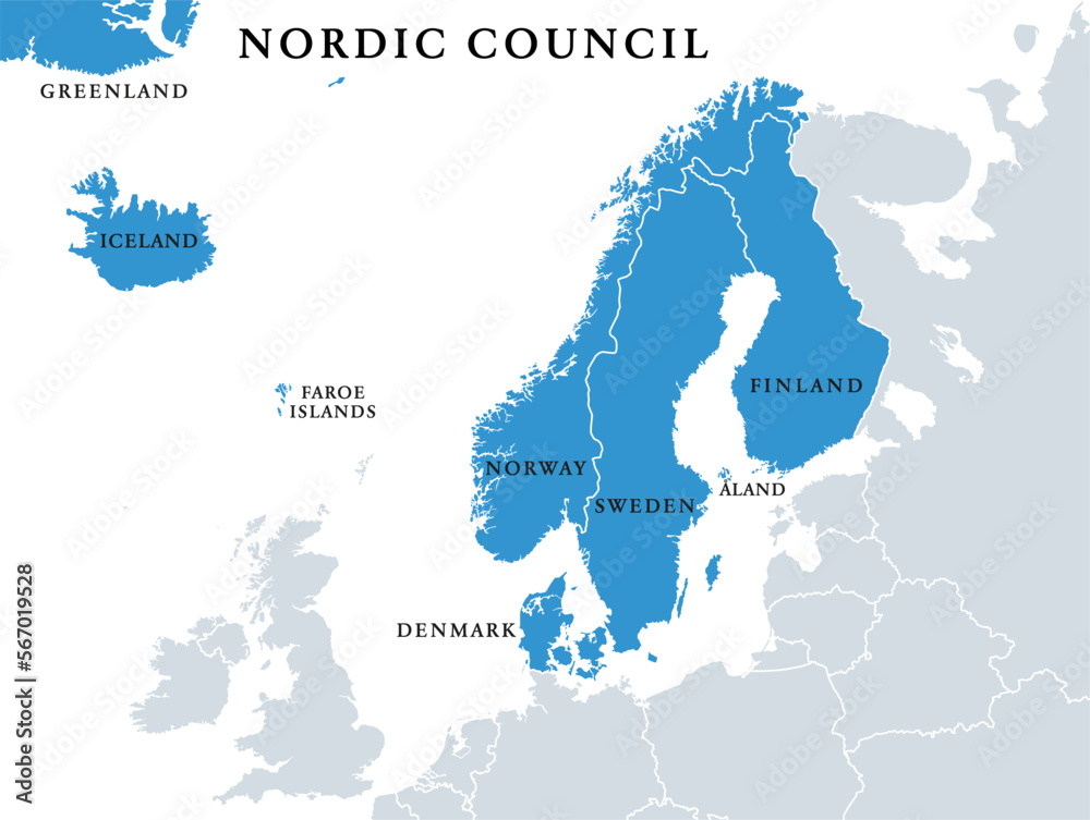 Nordic Council members, political map. Cooperation among the Nordic states Denmark, Finland, Iceland, Norway and Sweden, the autonomous territories Faroe Islands and Greenland, and the region Aland. - obrazy, fototapety, plakaty 