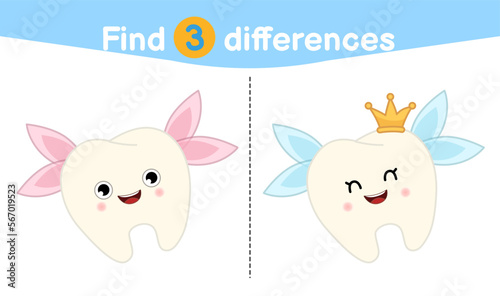 Find differences.  Educational game for children. Cartoon vector illustration of cute tooth with wings and crown.
