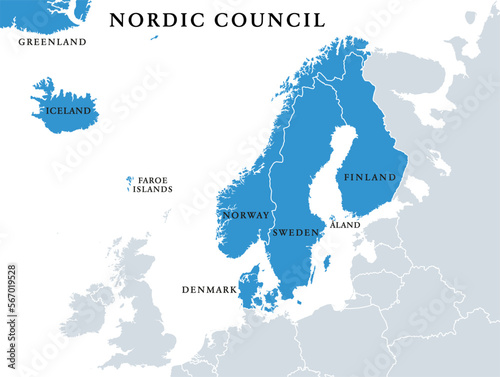 Nordic Council members, political map. Cooperation among the Nordic states Denmark, Finland, Iceland, Norway and Sweden, the autonomous territories Faroe Islands and Greenland, and the region Aland. photo