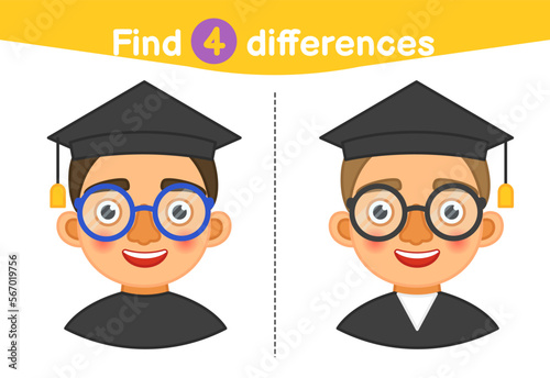 Find differences.  Educational game for children. Cartoon vector illustration of cute student with glasses.
