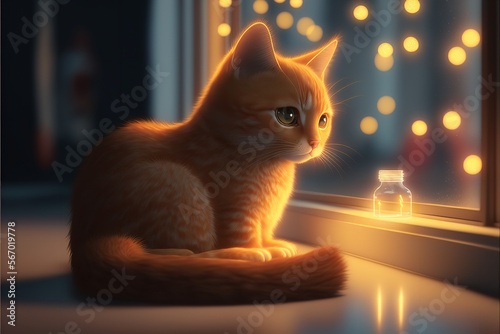 The cat wearing festive lighting. Cute ginger cat experimenting with the light outside the window. Generative Ai.