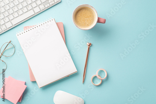 8-march concept. Top view photo of keyboard diaries golden pen sticky note paper adhesive tape glasses cup of coffee and computer mouse on isolated pastel blue background with empty space