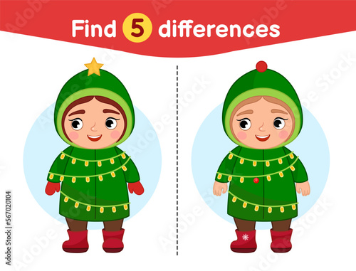 Find differences.  Educational game for children. Cartoon vector illustration of cute girl dressed as a Christmas tree.
