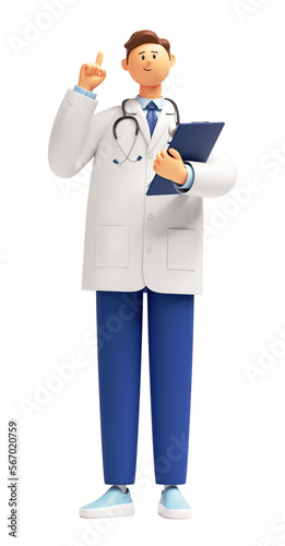3d render, doctor cartoon character standing with finger pointing up, holding clipboard. Confident friendly therapist. Medical idea clip art.