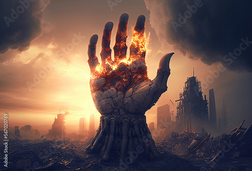 Man's hand on fire. Apocalypse. End of the world. Clouds of smoke and fire. Generative Ai Art. Destroyed city buildings.