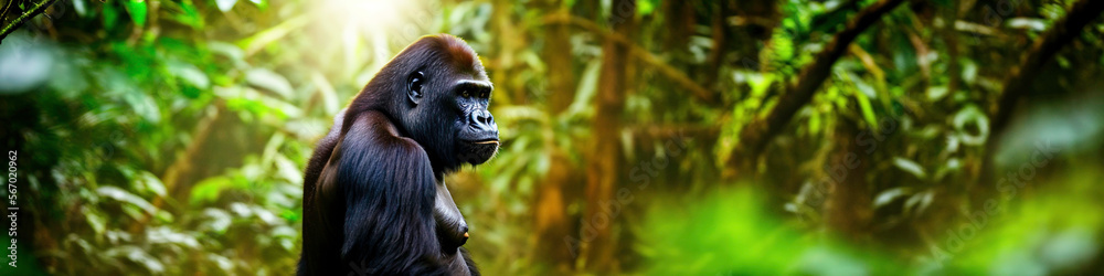 Photo of majestic gorilla in jungle, ultrawide shot Photo of majestic gorilla in jungle, ultrawide shot