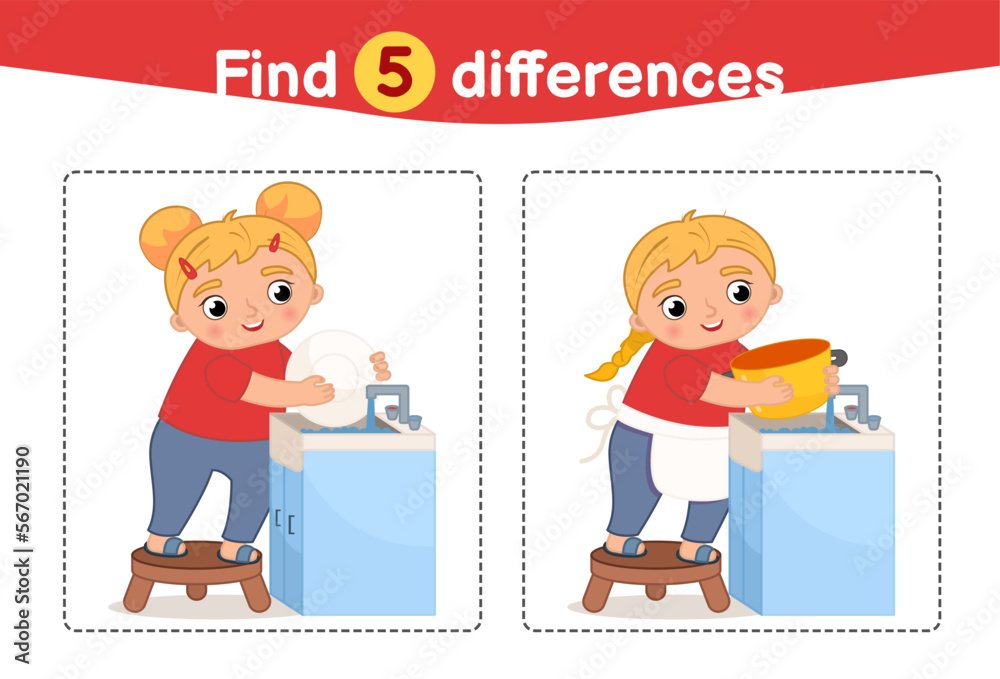 Find differences. Educational game for children. Cartoon vector illustration of cute girl washing dishes.
Find differences. Educational game for children. Cartoon vector illustration of cute girl washing dishes.