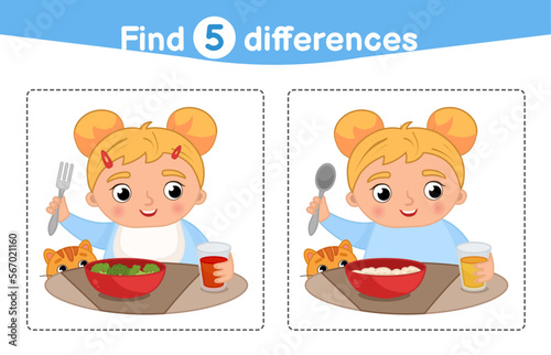 Find differences.  Educational game for children. Cartoon vector illustration of cute girl eats porridge at the table.
