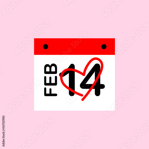 February 14 calendar. Tear-off calendar. Valentine's Day. Flat vector illustration. Isolated on pink background
