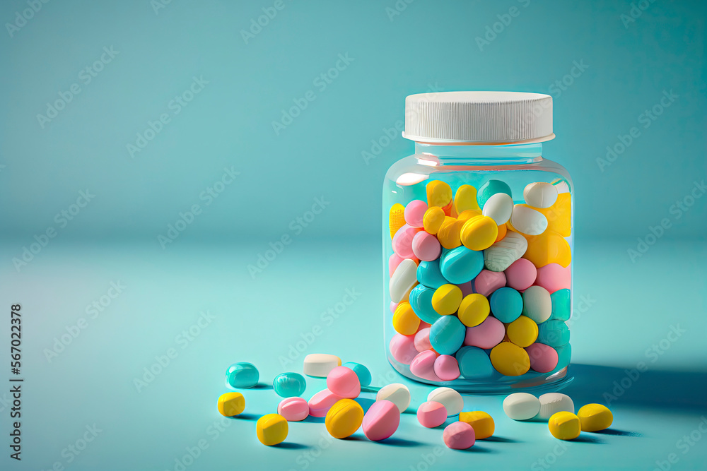 Medicine green, yellow and pink pills or capsules and white bottle on a blue background Medicine green, yellow and pink pills or capsules and white bottle on a blue background