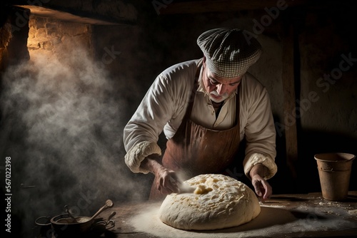 Boulanger en train de fabriquer du pain de manière traditionnelle - illustration ia