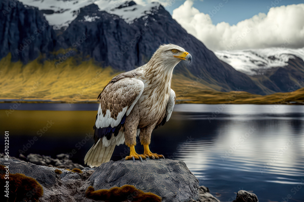 Fototapeta premium Raubvogel Adler am See in den Bergen Natur Mountain Eagle Digital Art Hintergrund Background Cover Illustration Generative AI