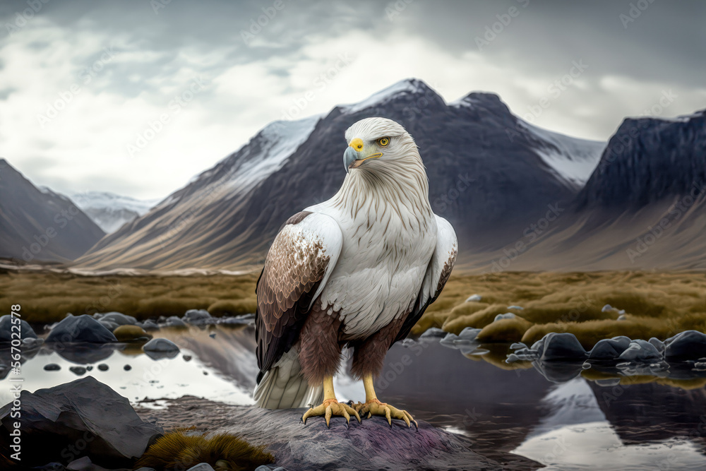 Fototapeta premium Raubvogel Adler am See in den Bergen Natur Mountain Eagle Digital Art Hintergrund Background Cover Illustration Generative AI