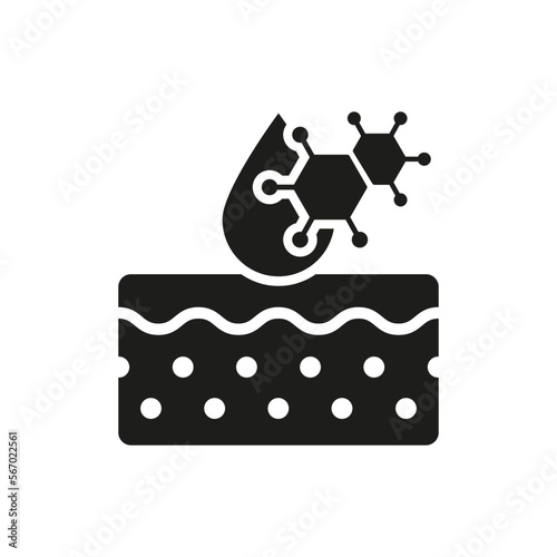 Molecule on Skin Structure Silhouette Icon. Dermatology Ingredient Icon. Cosmetology Chemical Cosmetic for Skincare Glyph Pictogram. Hyaluronic Acid Cosmetic Component. Isolated Vector Illustration