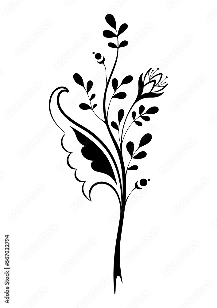 Black and white sprig silhouette. drawing of a plant. Vector illustration