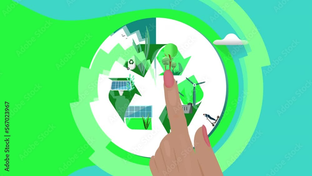 A beautiful flat-design background concept on Renewable & Alternative Green services or Recycling products. 
Ecological living with bicycles, clean air & pollution-free!
