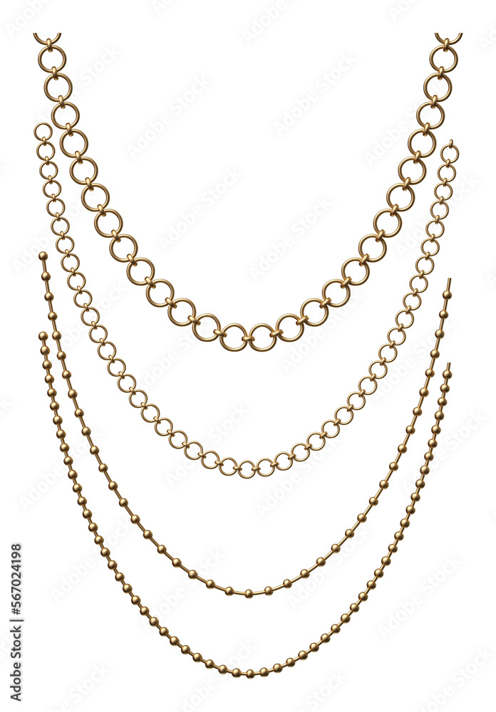 Set of realistic bended golden chains. 3d illustration. Set of realistic bended golden chains. 3d illustration.