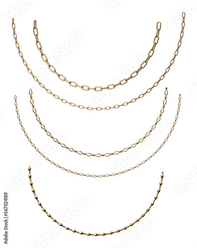 Photos Set of realistic bended golden chains. 3d illustration.